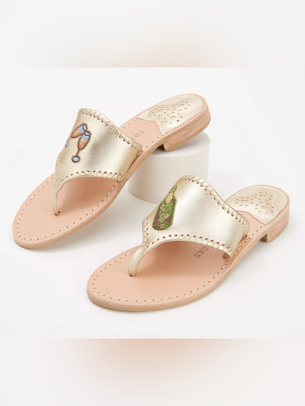Jack Rogers Metallic Gold Embroidered Champagne Toe-Post Sandals - leather - NIB